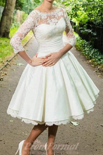Vintage Long Sleeve Lace Tea Length Rockabilly Wedding Dress BWD306