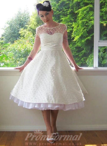 1950s Style Tea Length Polka Dot Rockabilly Wedding Dress BWD308