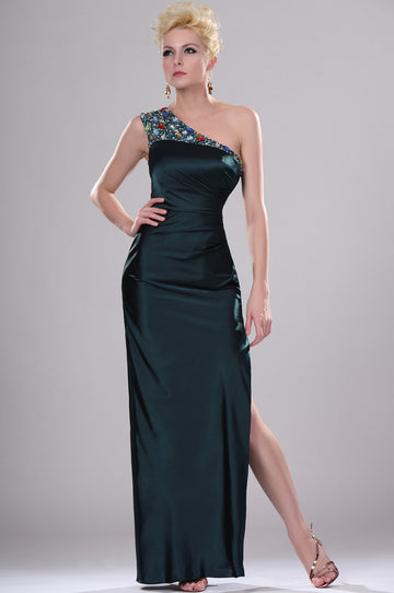 Dark Green Satin One Shoulder With Beading Bridesmaid Dress BD433