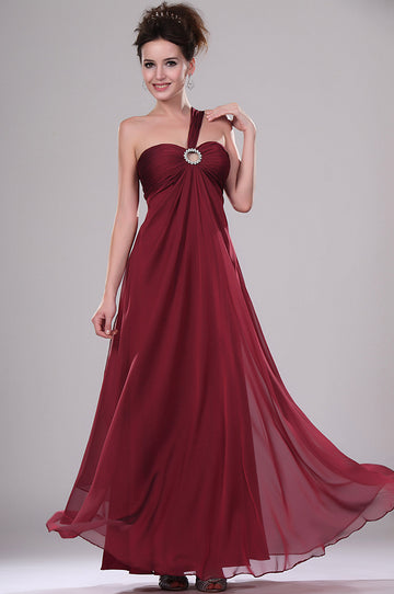 Burgundy Velvet Chiffon A-line One Shoulder Bridesmaid Dress(UKBD03-435)