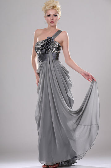 Silver Velvet Chiffon A-line One Shoulder Bridesmaid Dress(UKBD03-436)