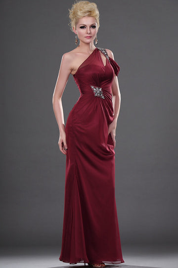Burgundy Sheath/Column One Shoulder Mother Gowns With Beading Bridesmaid Dress(UKBD03-449)