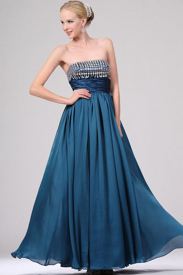 A-Line Ink Blue Chiffon Strapless With Beading Bridesmaid Dress(UKBD03-454)
