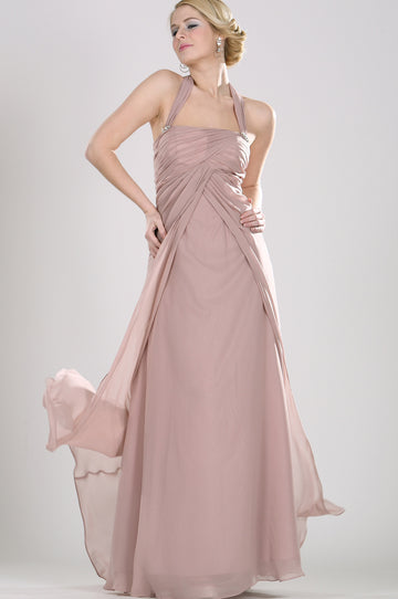 A-Line Nude Pink Chiffon Mother Gowns Halter With Draping Bridesmaid Dress(UKBD03-466)