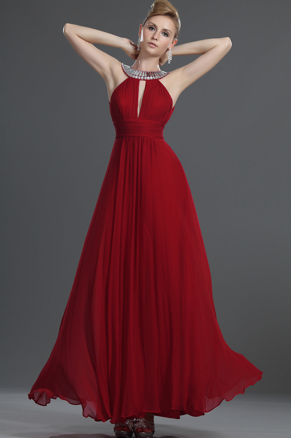 A-Line Ruby Red Chiffon V-neck With Beading Bridesmaid Dress(UKBD03-46