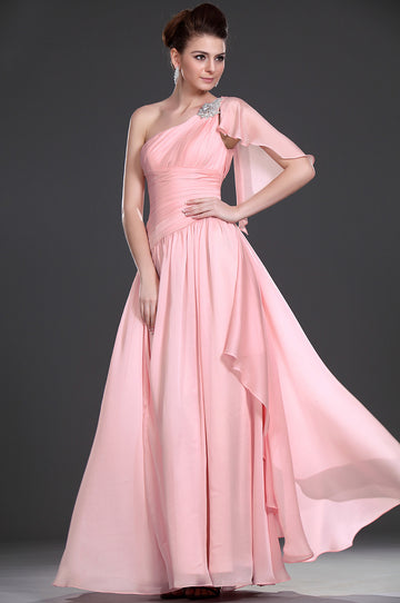 A-Line Pink Chiffon One Shoulder With Beading Bridesmaid Dress(UKBD03-478)