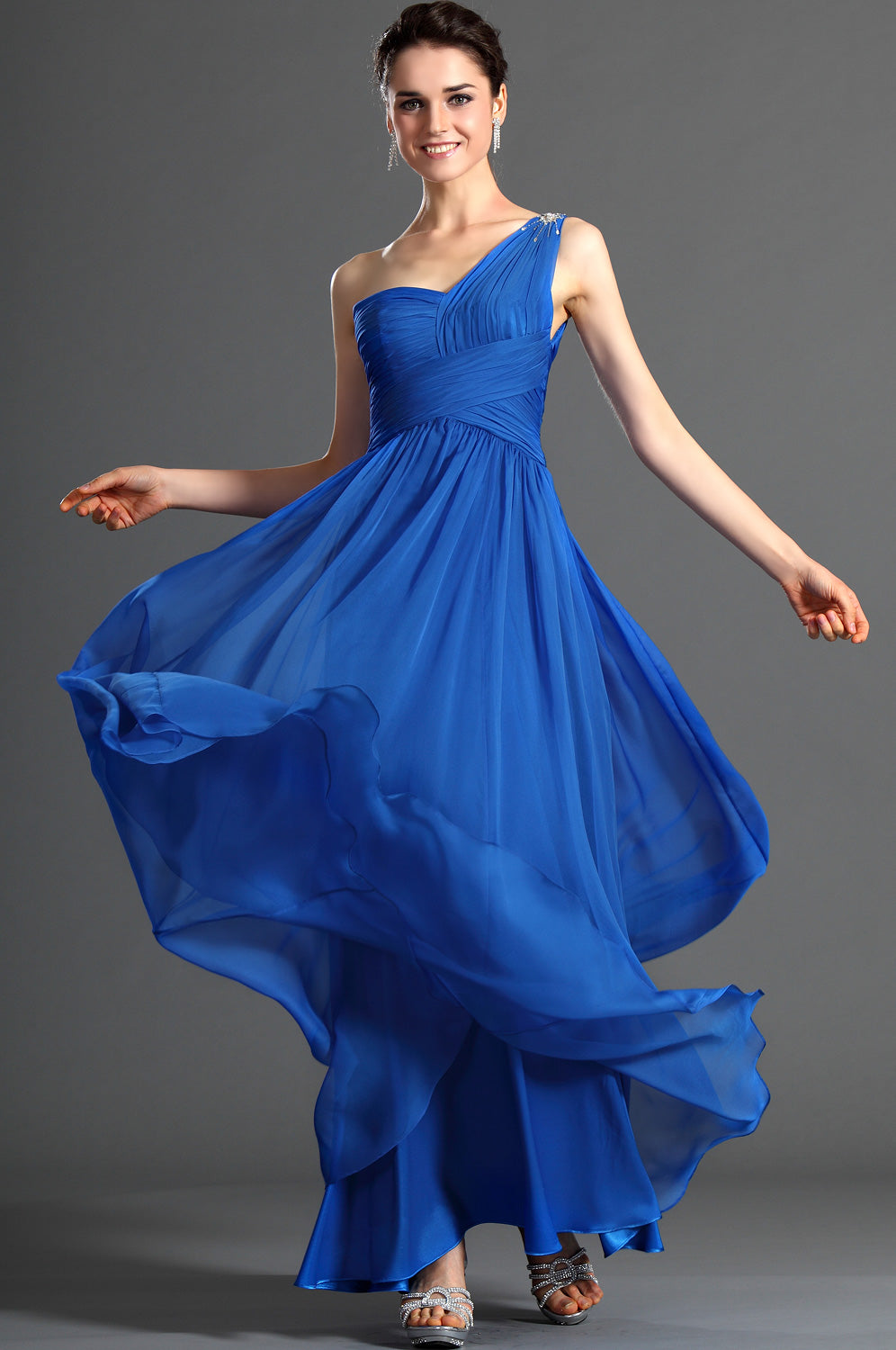 A-Line Light Royal Blue One Shoulder With Draping Bridesmaid Dress(UKB A-Line Light Royal Blue One Shoulder With Draping Bridesmaid Dress(UKB