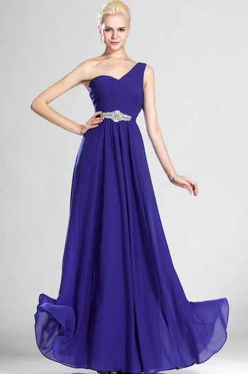 A-Line Blue Chiffon One Shoulder With Beading Bridesmaid Dress(UKBD03-497)