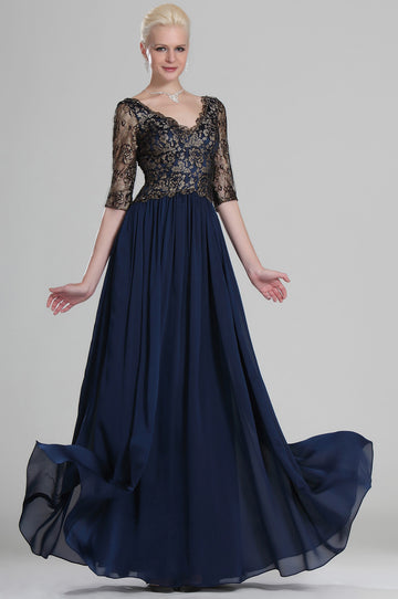 Navy Blue Lace A-line V-neck Half Sleeve Bridesmaid Dress(UKBD03-535)