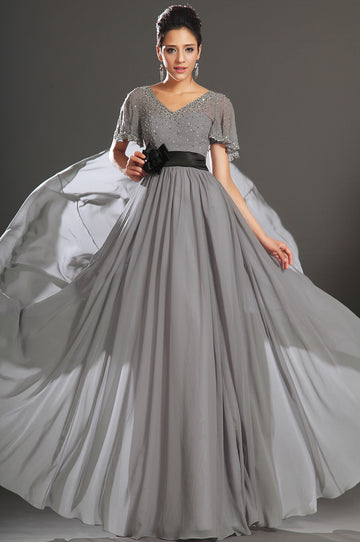 A-Line Silver Chiffon Beading Mother Gowns V-neck Short Sleeve Bridesmaid Dress(UKBD03-538)