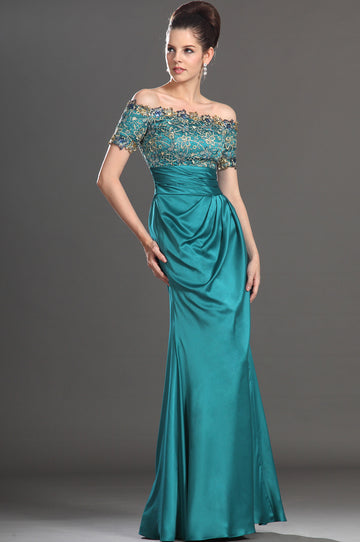 Dark Turquoise Chiffon Mother Gowns Off The Shoulder Short Sleeve Bridesmaid Dress(UKBD03-539)