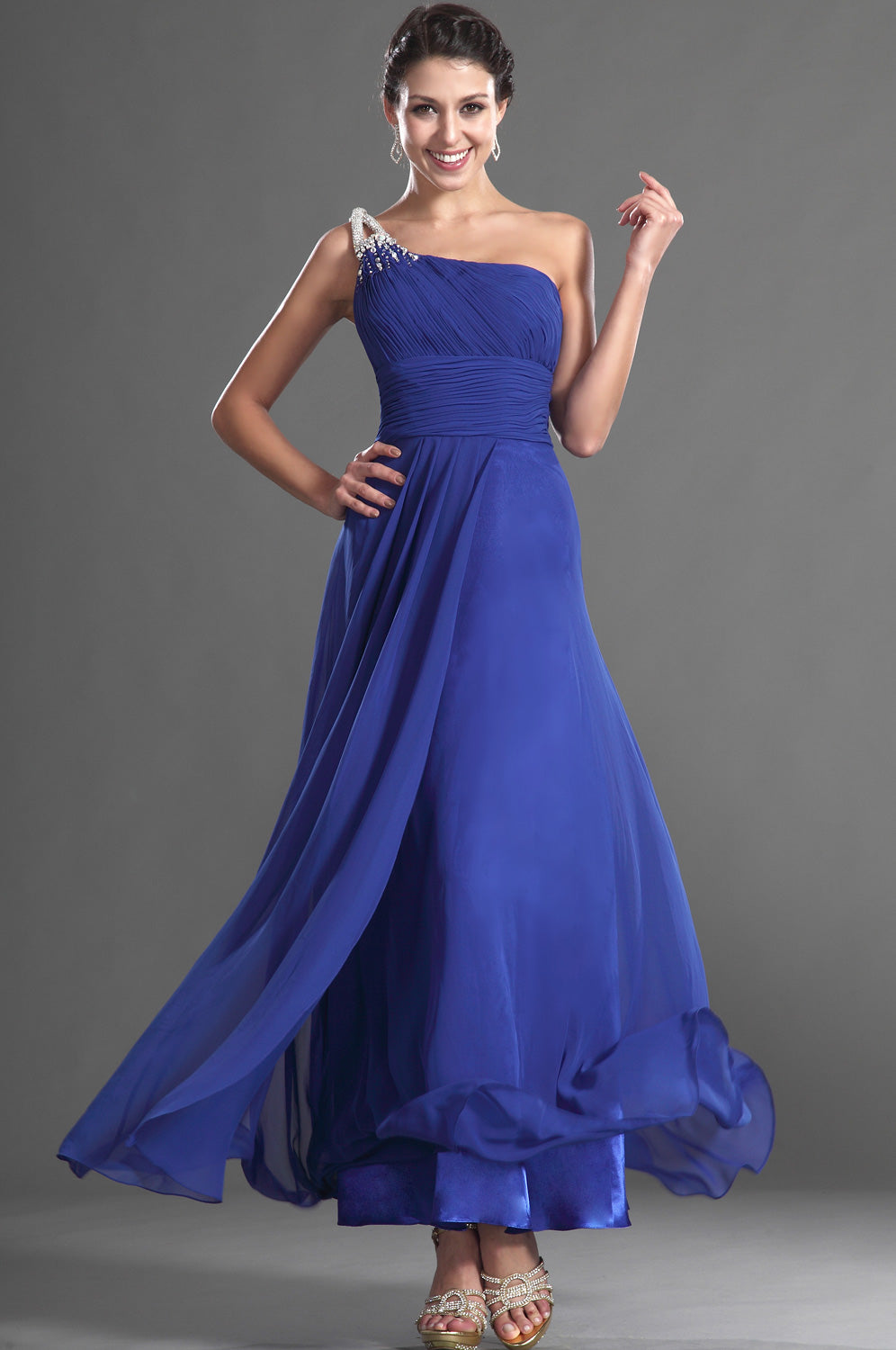 A-Line Royal Blue Chiffon One Shoulder With Draping Bridesmaid Dress(U A-Line Royal Blue Chiffon One Shoulder With Draping Bridesmaid Dress(U