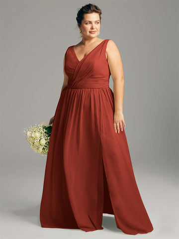 CBD003 Chiffon V Neck Rust Plus Size Bridesmaid Dress