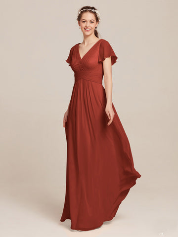 CBD006 Chiffon Short Sleeve BOHO V Neck Rust Bridesmaid Dress