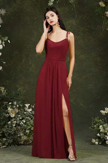 CBD025 Maroon Chiffon Split Front Bridesmaid Dress