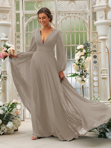 CBD036 Mother V Neck Chiffon Long Sleeve Taupe Bridesmaid Dress