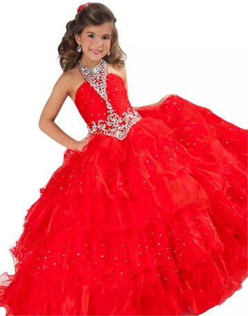 Ball Gown Layer Halter Red Kids Girl Prom Dress CH0161