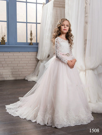 Long Sleeve Blushing Pink Kids Prom Dress CHK014