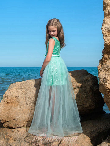 Sequins Mid Turquoise Kids Prom Dress CHK025