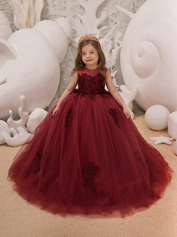 Ball Gown Tulle Princess Burgundy Kids Prom Dresses CHK043