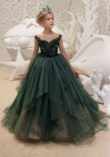 Tulle Lace Dark Green Ball Gown Kids Prom Dress CHK053