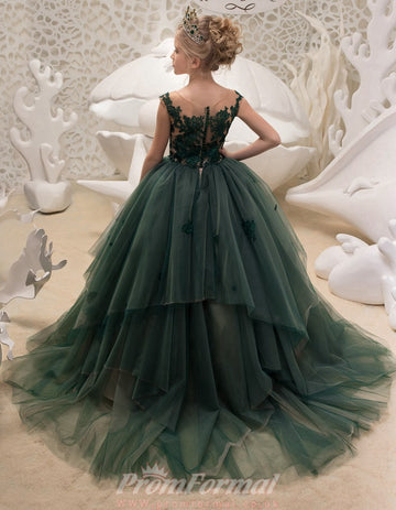 Tulle Lace Dark Green Ball Gown Kids Prom Dress CHK053