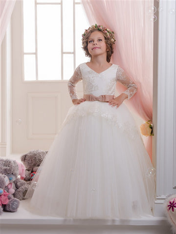 Ivory Long Sleeve Tulle Toddler Flower Girl Dress CHK142