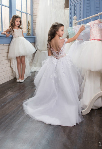 Tulle , Lace Princess Cap Sleeve High Low Kids Party Dress BDCHK163