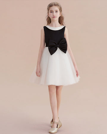 Short Kids Girls Black & White Formal Dress with Bows CHK164
