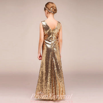 V Neck Gold Sequin Kids Pageant Dress CHK172
