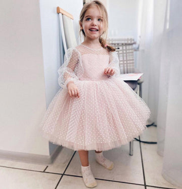 Toddlers Baby Girls Long Sleeved Polka Dots Formal Dress Birthday Party Dress 2-13 Years With Bows CHK183