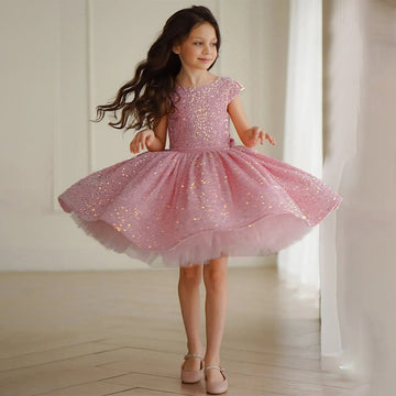 Pinky Shining Sequin Short Kids Girls Party Dress CHK206