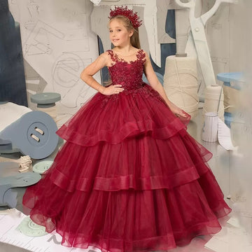 Burgundy Kids Ball Gown Lace Party Dress CHK211
