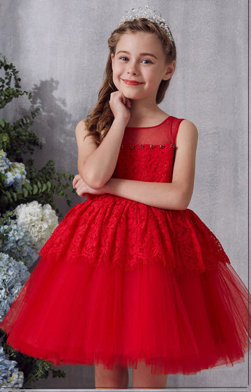 Red Lace Tulle Short Mini Ball Children's Prom Dress (FGD334)