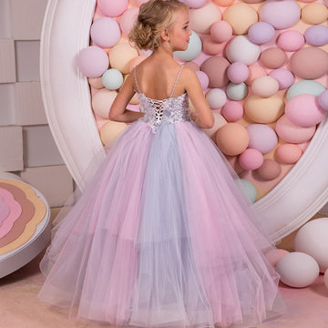 Lace Silver-Pinky Straps Ball Gown Kids Party Dress BDFGD344