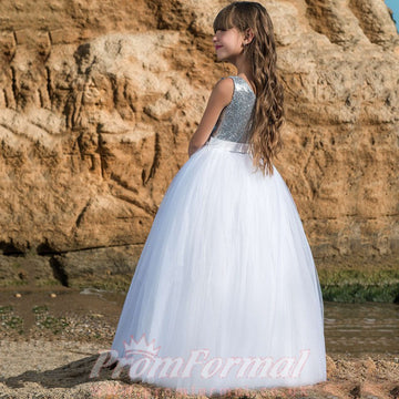 Sky Blue Sequined Tulle Floor-length Kids Prom Dress(FGD345)