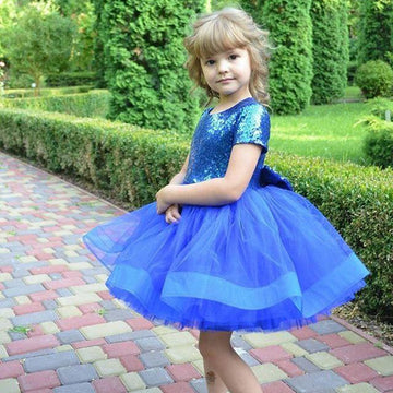 Royal Blue Sequins Short Sleeves Toddler Christmas With Bow Birthday Party Dress Aged 2-10 Years FGD456