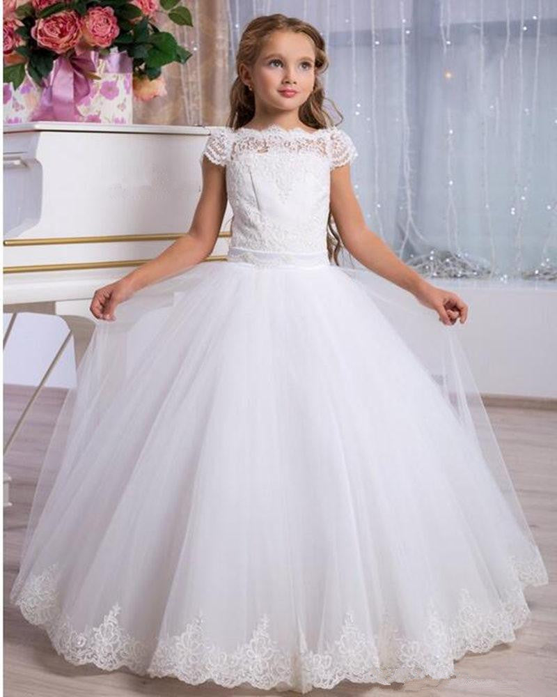 Lace First Communion Dress Birthday Party Short Sleeve Cut Out Back FG