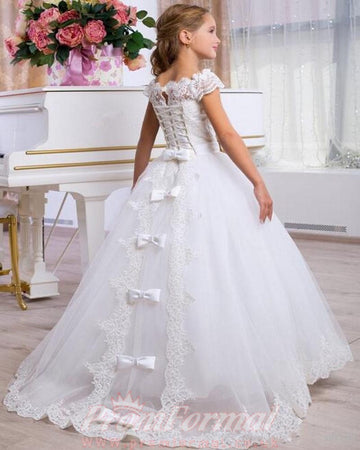 Lace First Communion Dress Birthday Party Short Sleeve Cut Out Back FGD506