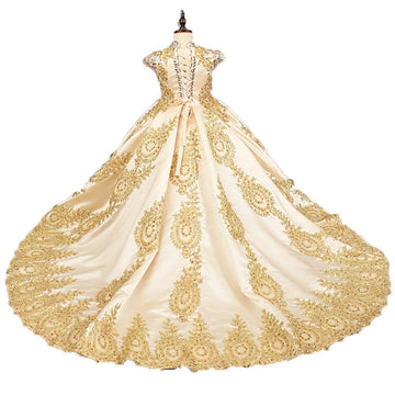 Gold Lace Flower Girl Dress Short Sleeveles BDFGD516