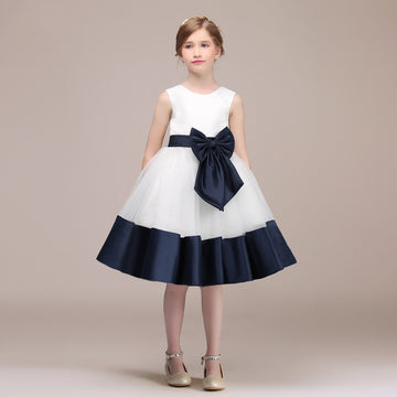 White Satin Kids Girl Knee-length Flower Girl Dress with Bow BDBCH038