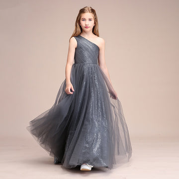 Silver One Shoulder Junior Bridesmaid Dress BDBCH062