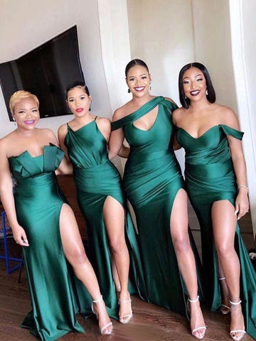 GBD027 Dark Green Sheath Column Off the Shoulder Ruched Bridesmaid Dress