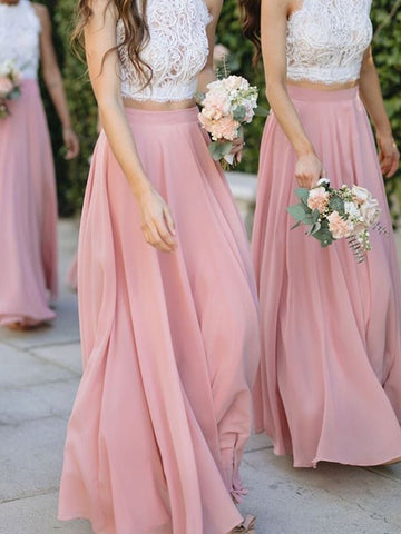 GBD157 Pink Two Piece Halter Lace Chiffon Bridesmaid Dress
