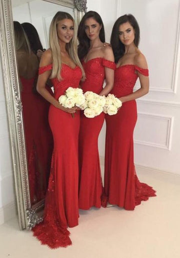 GBD160 Red Mermaid Off the Shoulder Floor Length Lace Bridesmaid Dress