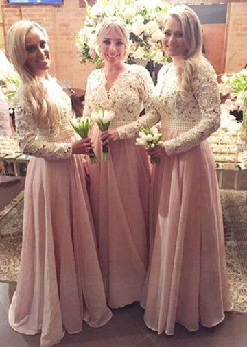 GBD181 A Line Pink V neck Long Sleeve Lace Bridesmaid Dress