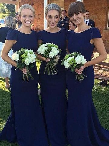 GBD184 Royal Blue Satin Short Sleeve Country Bridesmaid Dress