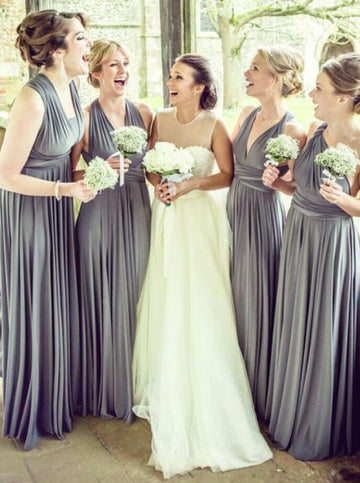 GBD208 Gray V Neck Chiffon One Shoulder Bridesmaid Dress