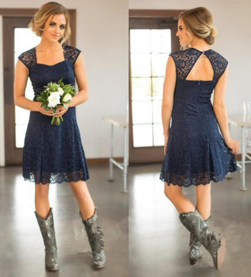 GBD245 Short Navy Blue Lace Country Bridesmaid Dresses with Cowboy Boots