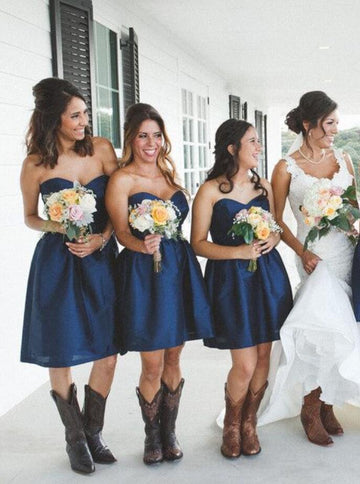 GBD253 Short Sweetheart Satin Royal Blue Country Bridesmaid Dress with Cowboy Boots